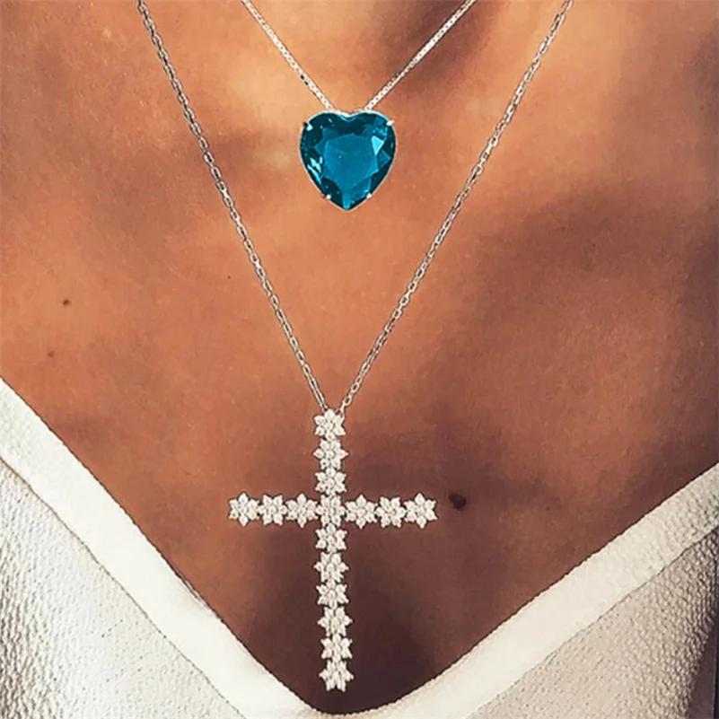 

Women Fashion Shiny Cross Heart Love Crystal Gem Pendant Silver Necklace Set Exquisite Girl Wedding Clothing Jewelry Accessories