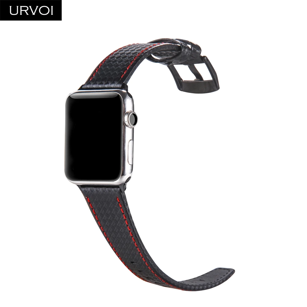 

URVOI Band for Apple Watch series 5 4 3 2 1 carbon fiber pattern leather strap for iwatch stainless steel buckle black style