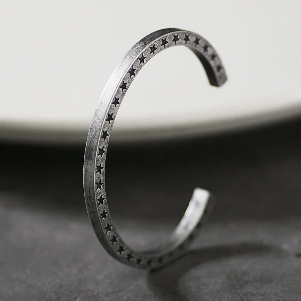 

1pc Nordic Men Retro Vintage Titanium Steel Star Pattern Cuff Open Bangles Jewelry Viking Bracelet Unisex Jewelry SS-163
