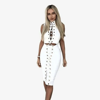 

2019 Fashion White Hollow Out bandage Dress Lace Up Bodycon Sleeveless Sexy Women Metal Elegant Solid Celebrity Vestidos Dresses