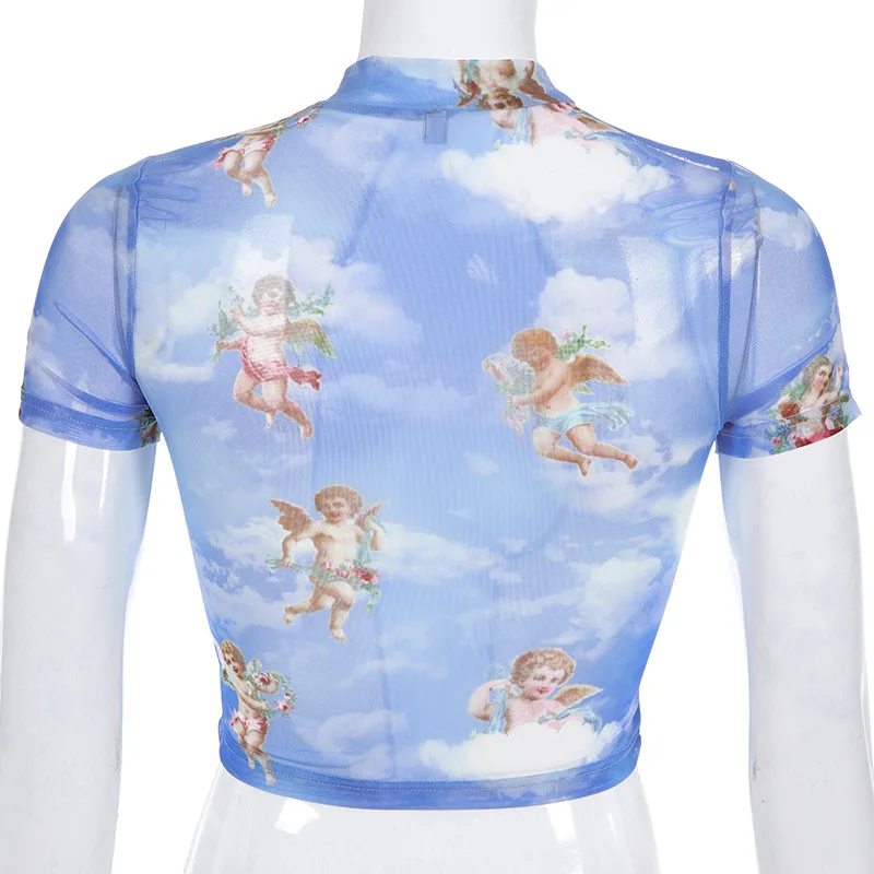 Новая мода, Женская сетчатая блуза Купидона, сексуальные прозрачные тонкие топы, короткий рукав, топ, футболка, блузка, рубашка