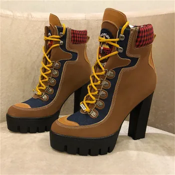 

New Leather Platform Lace Up Ankle Boots For Women Lady Design Short Chelsea Boots Runway High Chunky Heels Sneakers Shoes Women
