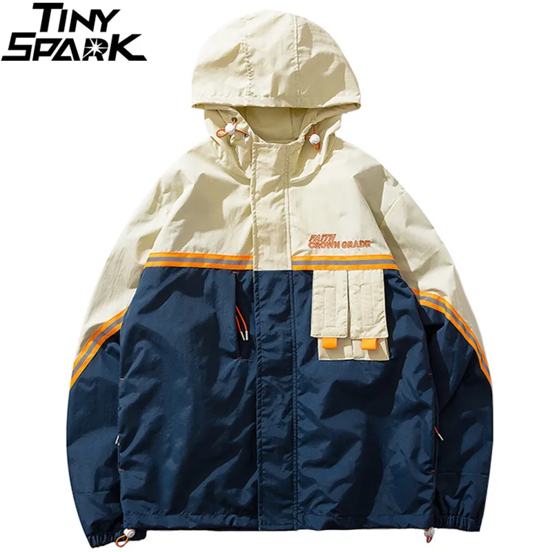 

Spring 2019 Harajuku Hooded Jacket Men Hip Hop Streetwear Retro Jacket Windbreaker Vintage Color Block Track Jacket Coat Hoodie
