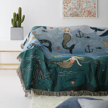 

90x90cm/ 90x150cm Mermaid pattern sofa towel blanket sofa cover thread blanket floor household cushion blanket decorative