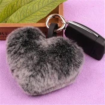 

Real Rex Rabbit Fur Keychain Keyring pompom Heart Shape Fluffy Car keyring Bag Charm Key Chains Girlfriend Women Gift porte clef