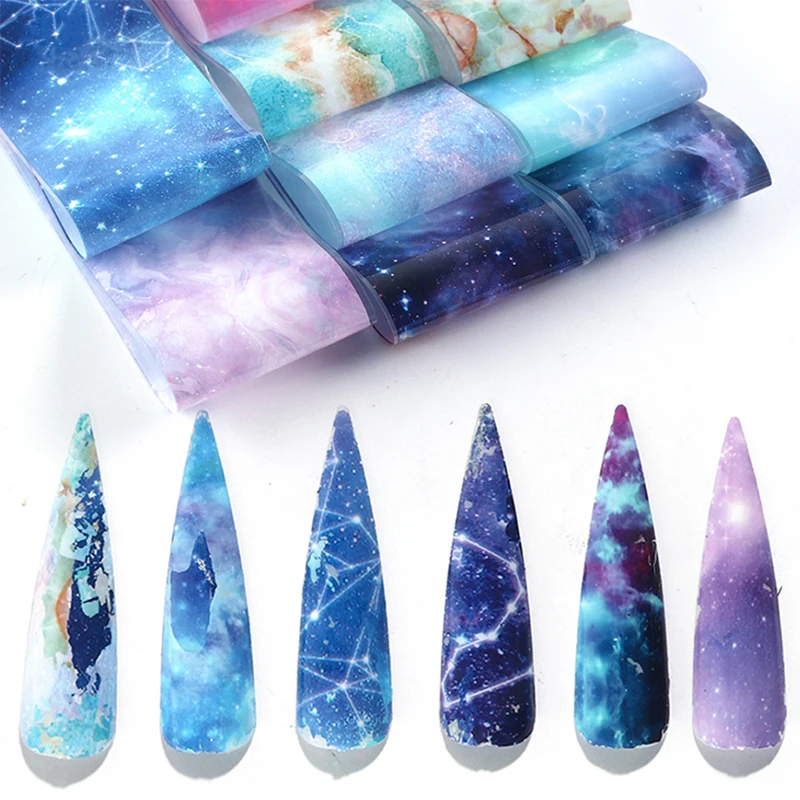 10 Sheets Nail Foils Stickers Blue Purple Colors Design Mixed Patterns Transfer Decals Paper Nail Art DIY Accessories