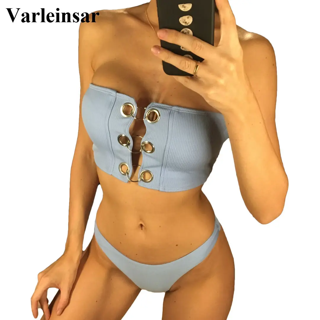 

5 Color Bandeau Ribbed Bikini 2019 Female Swimsuit Women Swimwear Two-pieces Bikini set High Cut Bather Bathing Suit Swim V846