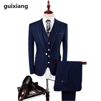 

(Jacket+Vest +Pants) 2017 Slim comfortable Men casual business suits jacket Men's wool suits wedding dress suit men size M-4XL