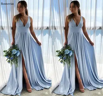 

Side Split Long Prom Dresses 2020 V Neck Sleeveless Sweep Train Pleats A Line Evening Party Dresses Formal Gowns Vestido Custom