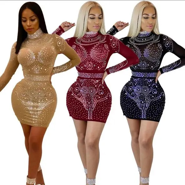

Spring Women Rhinestone Dresses Sexy Party Club Sparkle Dress Long Sleeve Hollow Out Bodycon Pencil Mesh Dress WF643