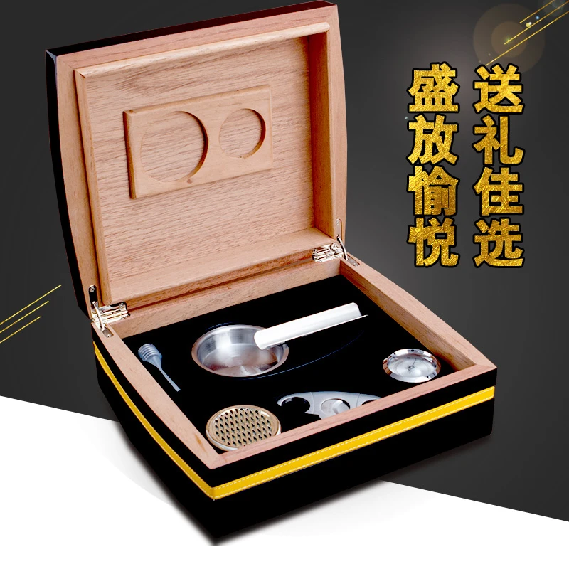 

COHIBA Accessories Quality Black Cedar Wood Piano Cuban Cigar Humidor Storage Box W Hygrometer Humidifie Ashtray Cutter Set