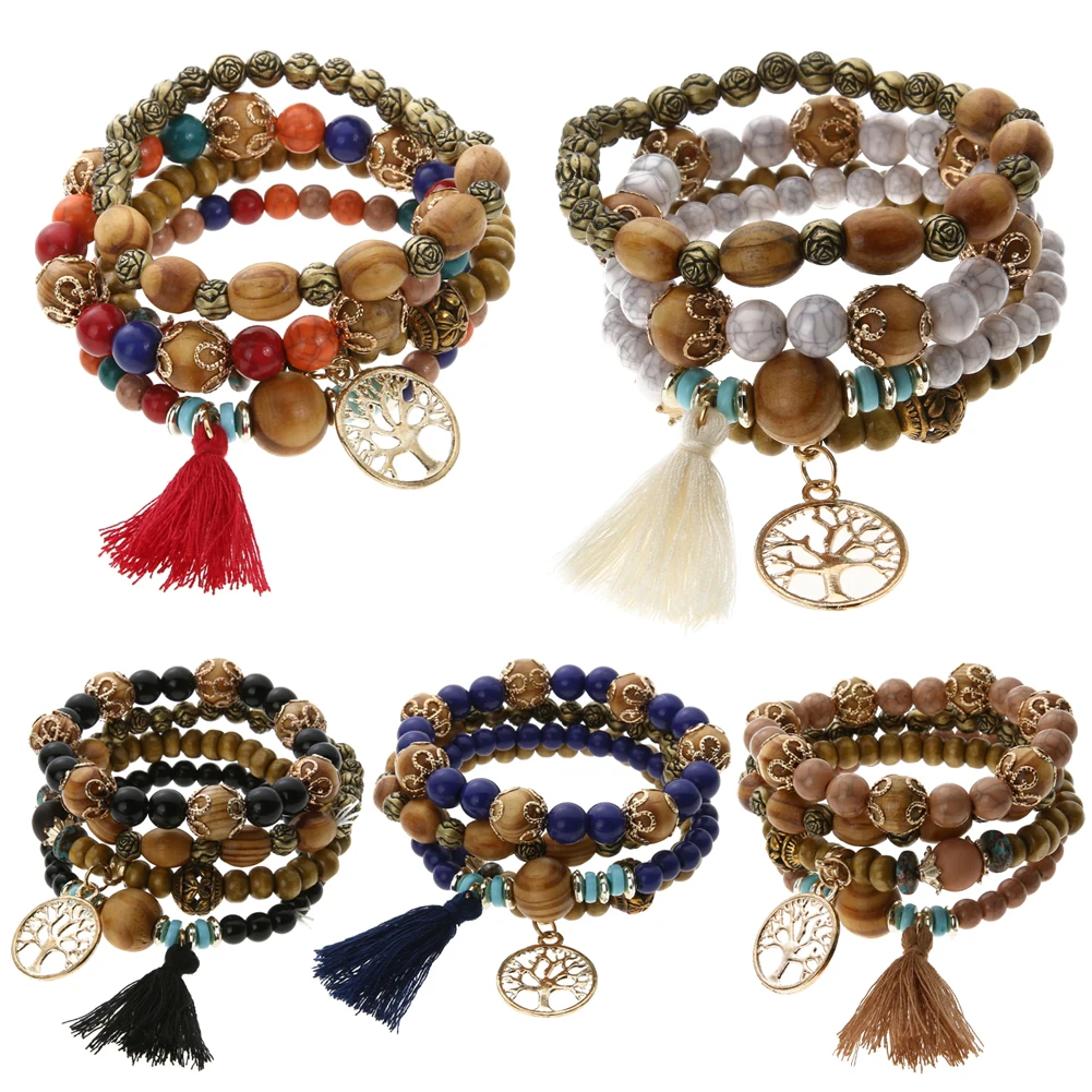 5Style Cute Wood Bead Bohemia Elastic Charms Bracelets & Bangles Wooden