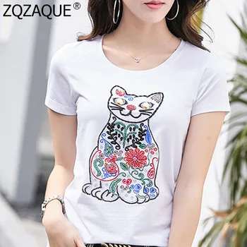 

Factory Outlets Summer New T-shirts Embroidery Beading Cute Cat Female's Cotton Tops Girls Casual All-match Pullover Tops SY1975