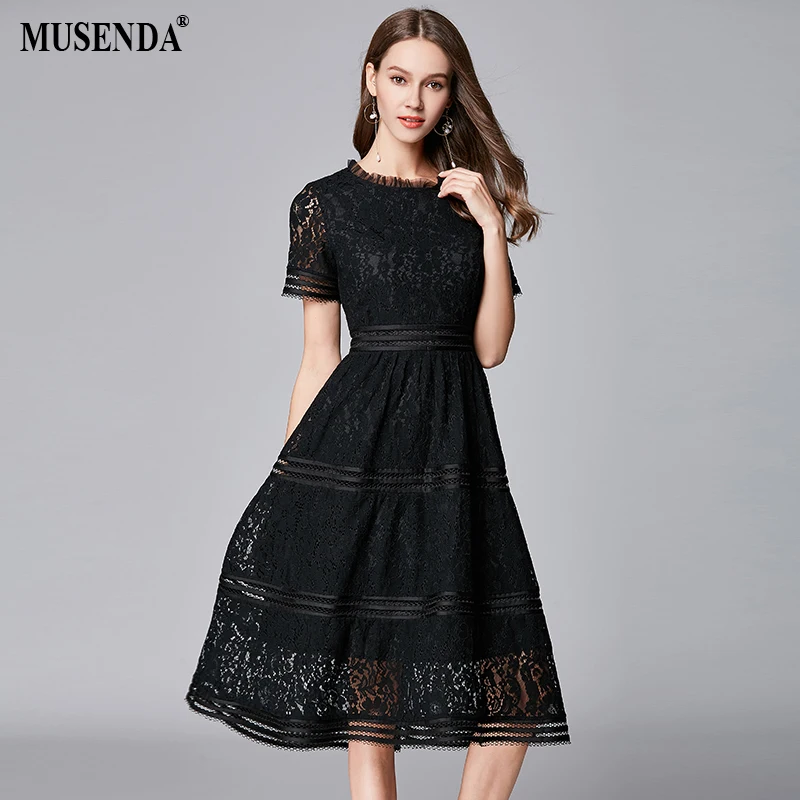 MUSENDA Plus Size Women Elagant Black Hollow Out Lace Tunic Midi Dress ...