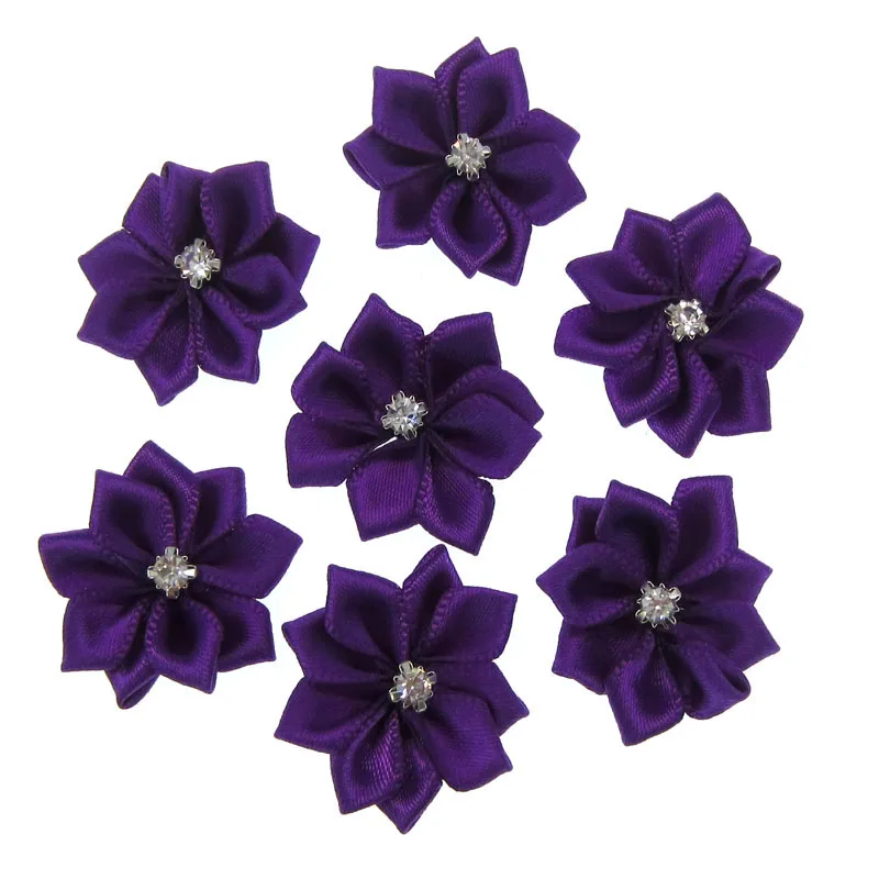 

40Pcs Purple Small Satin Flowers Fabric Rhinestone Flowers Appliques Sewing Decoration Wedding Garment 2.8cm