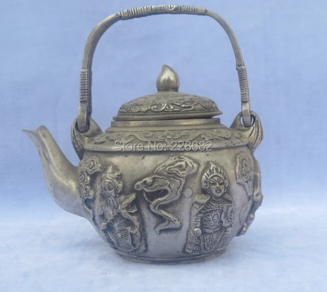 

Antique antiques Collectible Decorated Old Handwork Tibet Silver Carved 5 lucky money Immortal Teapot/Flagon