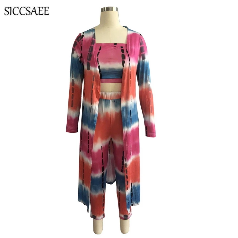 Tie Dye Printed 3 Piece Set Women Tube Bodysuit Strapless Crop Top Maxi Cardigan Long Sleeve Sexy Korean Cape Cloak Fall 2018