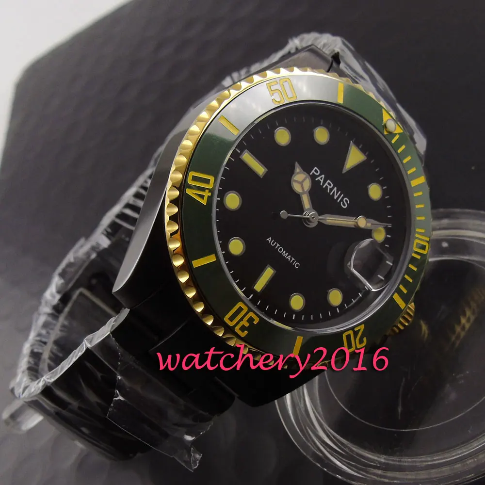 Parnis 40mm sapphire glass black dial luminous marks green ceramic bezel yellow numbers automatic self wind