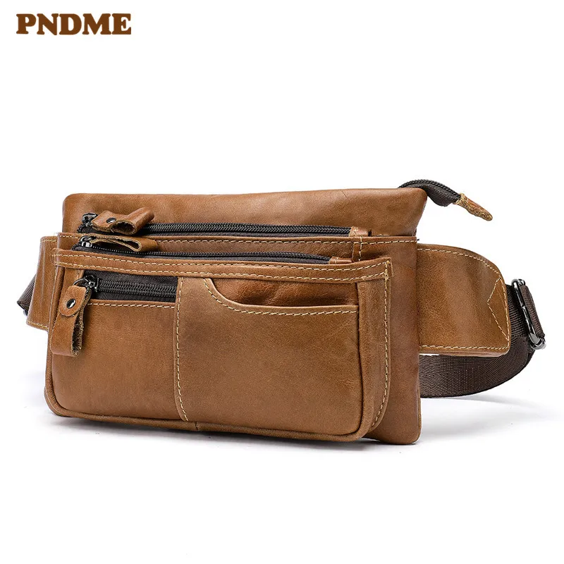 

PNDME genuine leather chest bag multifunctional cross waist bag top layer cowhide casual sports crossbody bag mobile phone bag