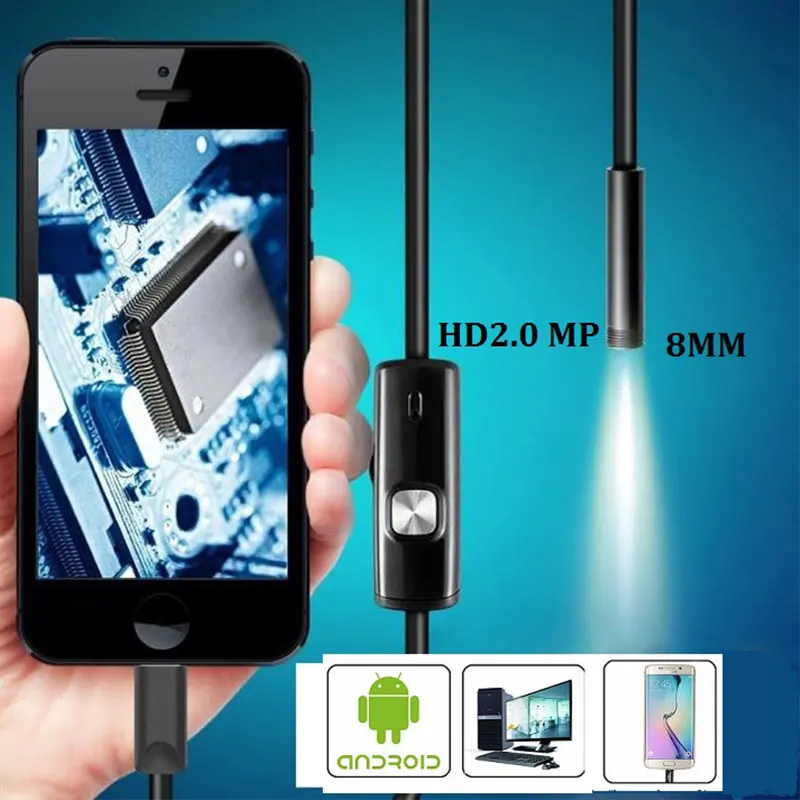 Lensoul 1 м 8 мм для телефона Android и компьютера OTG 2-мегапиксельный эндоскоп Водонепроницаемый светодиодный видеокамера