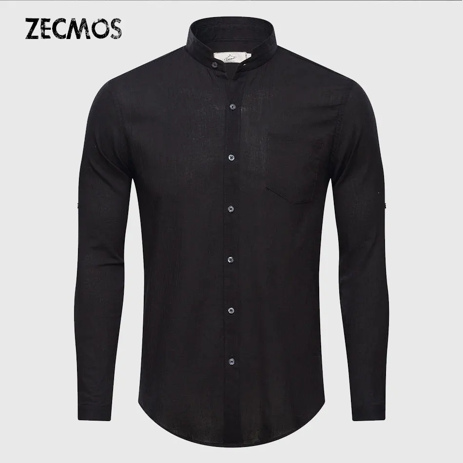 En Ligne Ultra mince Voir À Travers Chemises Hommes D été Unie Mandarine Chinoise Demi Col En Coton À Manches Longues Société Classique Grand Père