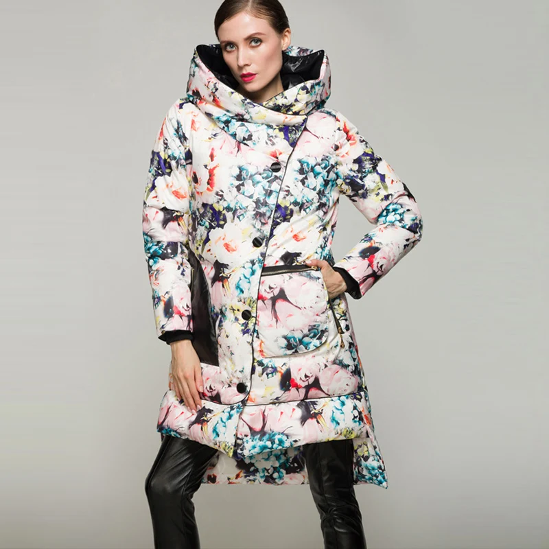  Flower Printed Winter Jacket Women European Brand Down Jacket High Quality Thicken Warm Female Hood