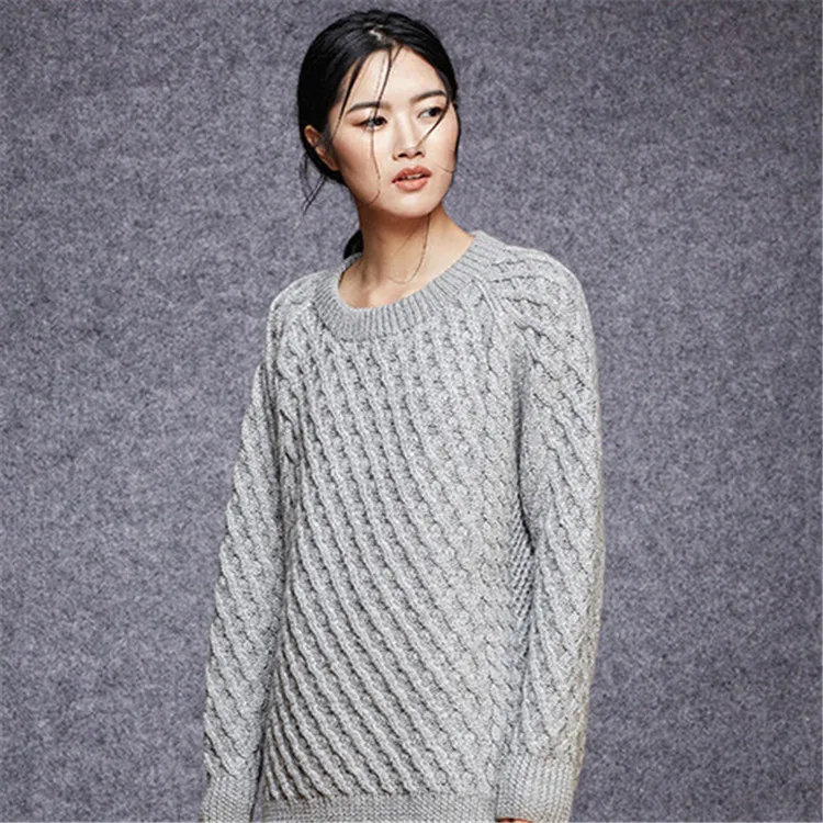 Новая мода 100% ручная работа чистая шерсть Oneck вязаный женский однотонный толстый H-прямой свободный пуловер свитер один и более размер