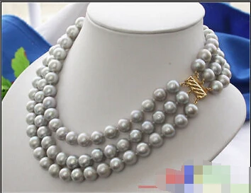 

Free shipping@@@@@ BEAUTIFUL AA+++ 3ROW 11MM ROUND GRAY FRESHWATER PEARL NECKLACE