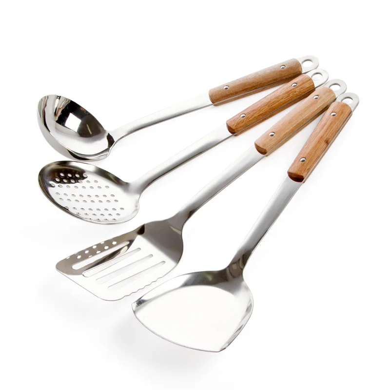 

vanzlilfe Wooden spatula colander kitchen handle stainless steel kitchen utensils and hot pot soup spoon spoon stir fry a shovel