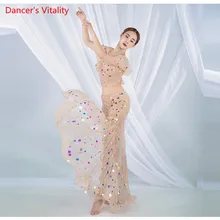 Женская одежда для занятий танцами живота, летняя одежда на бретельках, Раздельный костюм с длинный юбкой, комплект для восточных танцев, топ+ юбка, 2 шт