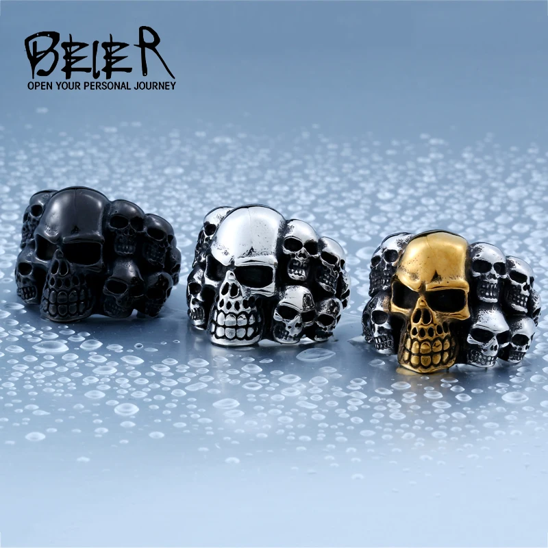Beier new store 316L Stainless Steel high quality Biker ring Punk Lots of Skull Ring for men Fashion Jewelry LLBR8-079R