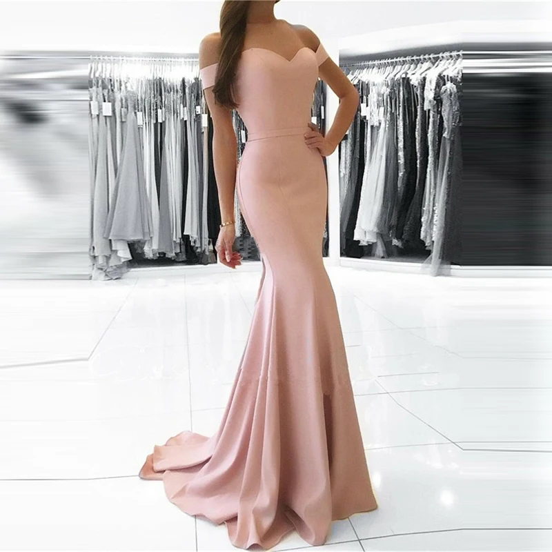 

New Dust Blush Dress Evening 2019 Mermaid Off The Shoulder Boat Neck Elastic Long Prom Gown Custom vestidos de fiesta de noche