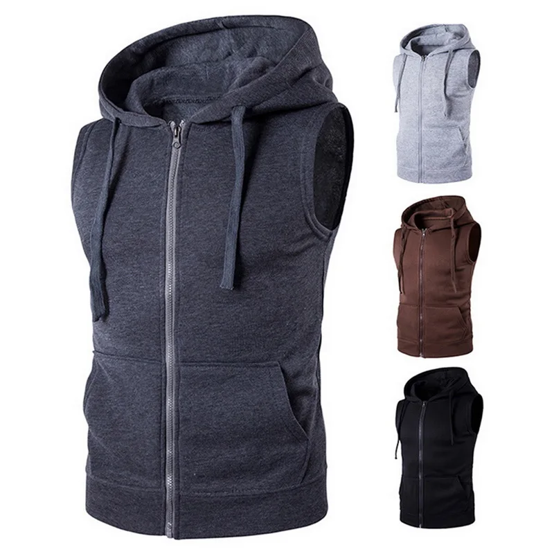 Tank Top Men Hooded Sleeveless Vest Gilet Zipper Casual Slim Pocket Hoodie Tank Tops Waistcoat New Fashion Ropa Hombre