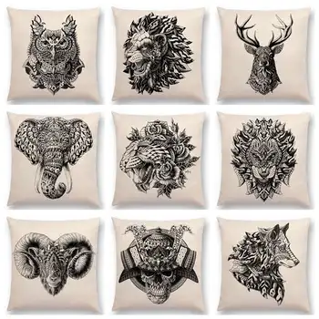 

Hot Sale Wild Animals Totems Free Beast Faith Tattoo Prints Owl Tiger Lion Deer Elephants Dog Mandala Cushion Sofa Throw Pillow