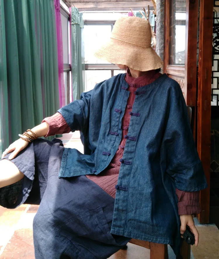 Blue Lavé Chauve Conception Tranchée Mode D'extérieur Femelle Denim Originale souris 2018 Lâche Hiver Nouvelle Vêtements Automne Et Lin Taille Manches Grande WRffZvA