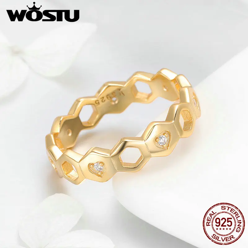 

WOSTU Genuine Real 925 Sterling Silver Gold Color Linked Heart Stackable Ring for Women Authentic Engagement Jewelry FIR449