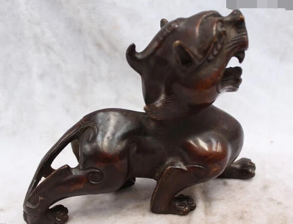 

xd 002760 6"Chinese Folk Purple Bronze carved eximous Lucky unicorn Statue