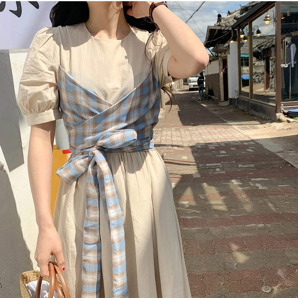 

Old School Girl Plaid Tie Patchwork One Piece Dress Midi Puff Sleeve Summer Lady Midi Dress Robe Femme Vestido Mujer Vestiti