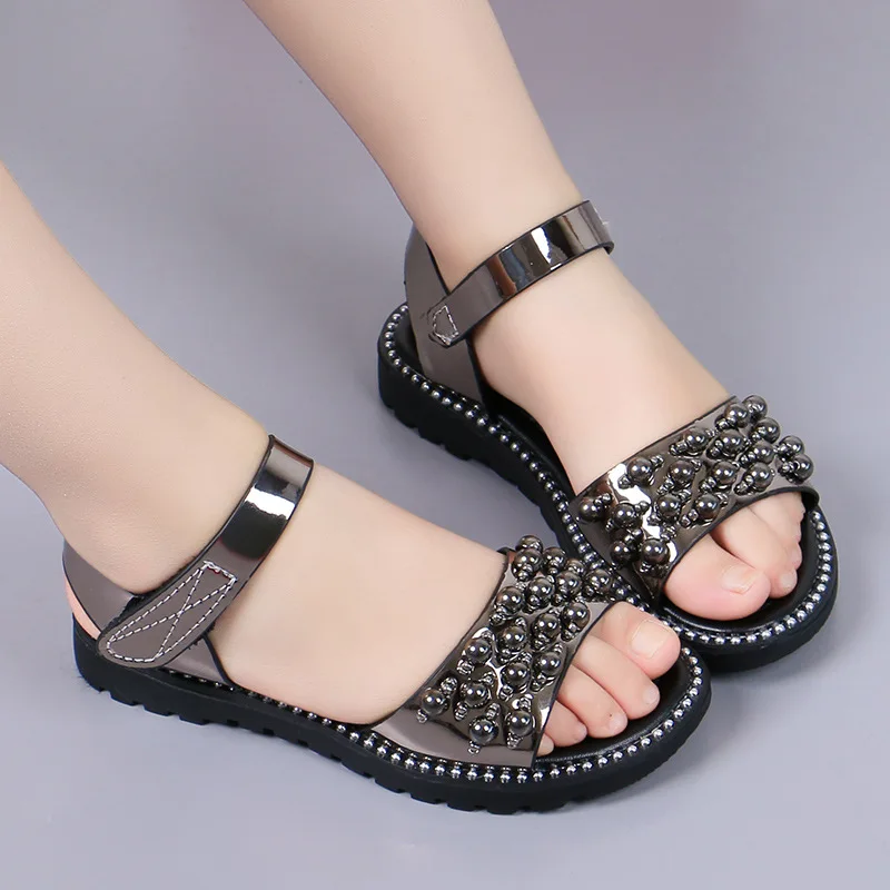 Summer New Girl Rhineston Sandals Kids Child Fashion Bead Patent Leather Princess Sandals Party Shoe For Girls Big Shoe