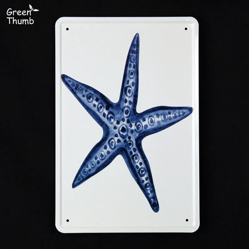 

1pc Green Thumb 20x30cm Metal Tin Plaques Home/Shop Wall Decoration Refreshing Style Marine Life Tin Plate