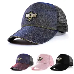 Продажа пчелы вышивка вс пайетки baseball cap Женщины сетки шляпа блеск градиент Женщины Snapback хвост корейский хип-хоп