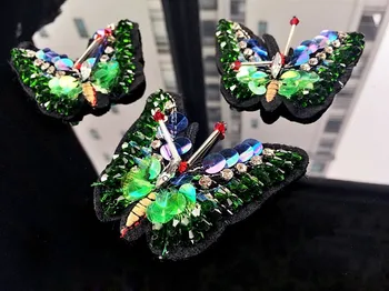 

green butterfly rhinestone beaded patches embroidered sew on patch applique jacket patches for clothes parches para la ropa