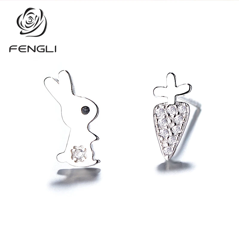 Женские серьги гвоздики FENGLI с милым животным кроликом и морковкой эмалированные