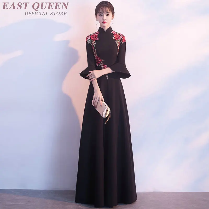 Традиционное женское вышитое длинное китайское платье женское элегантное однотонное Туника облегающее платье с рукавами три четверти AA3206 F