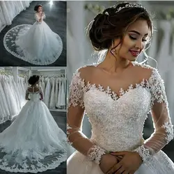 Vestidos De Noiva 2019 Элегантное свадебное платье трапециевидной формы с длинными рукавами Прозрачная ткань с аппликацией и стразами кружевное