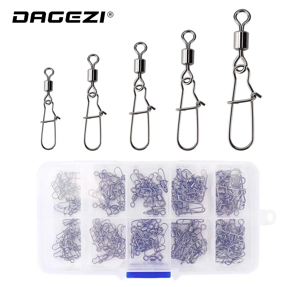 

DAGEZI 100pcs/lot Stainless steel swivels #6/#8/#10/#12/#14 Pin Bearing Rolling Swivel with Snap Fishhook Fishing Tackle
