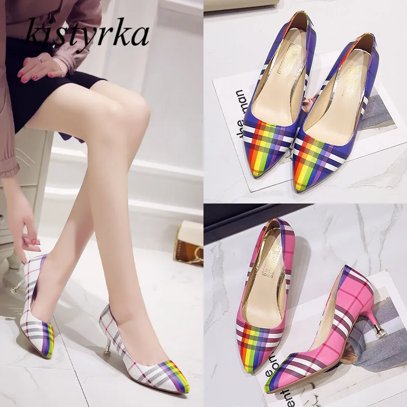 

kjstyrka 2018 Brand Designer 6.5cm High Heels Women Pumps thin High Heel Shoes Rainbow color Fashion ladies shoes zapatos mujer