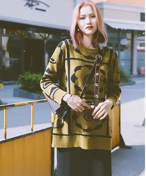 

HCBLESS Women sweater 2018 winter new fashion geometric flower jacquard loose long sweater