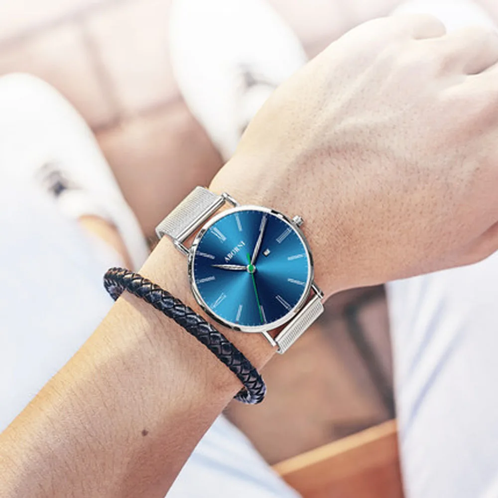 

ABORNI Brand Luxury Men Watch Ultra Thin Steel Clock Quartz Male Casual Watches Creative Roman Wristwatch Relogio Masculino