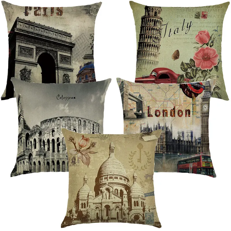 

Vintage Cushion Cover Printed Pillowcase London Paris Rome Historical Sites Cotton Linen Living Room Cushions Pillow Cover 40567
